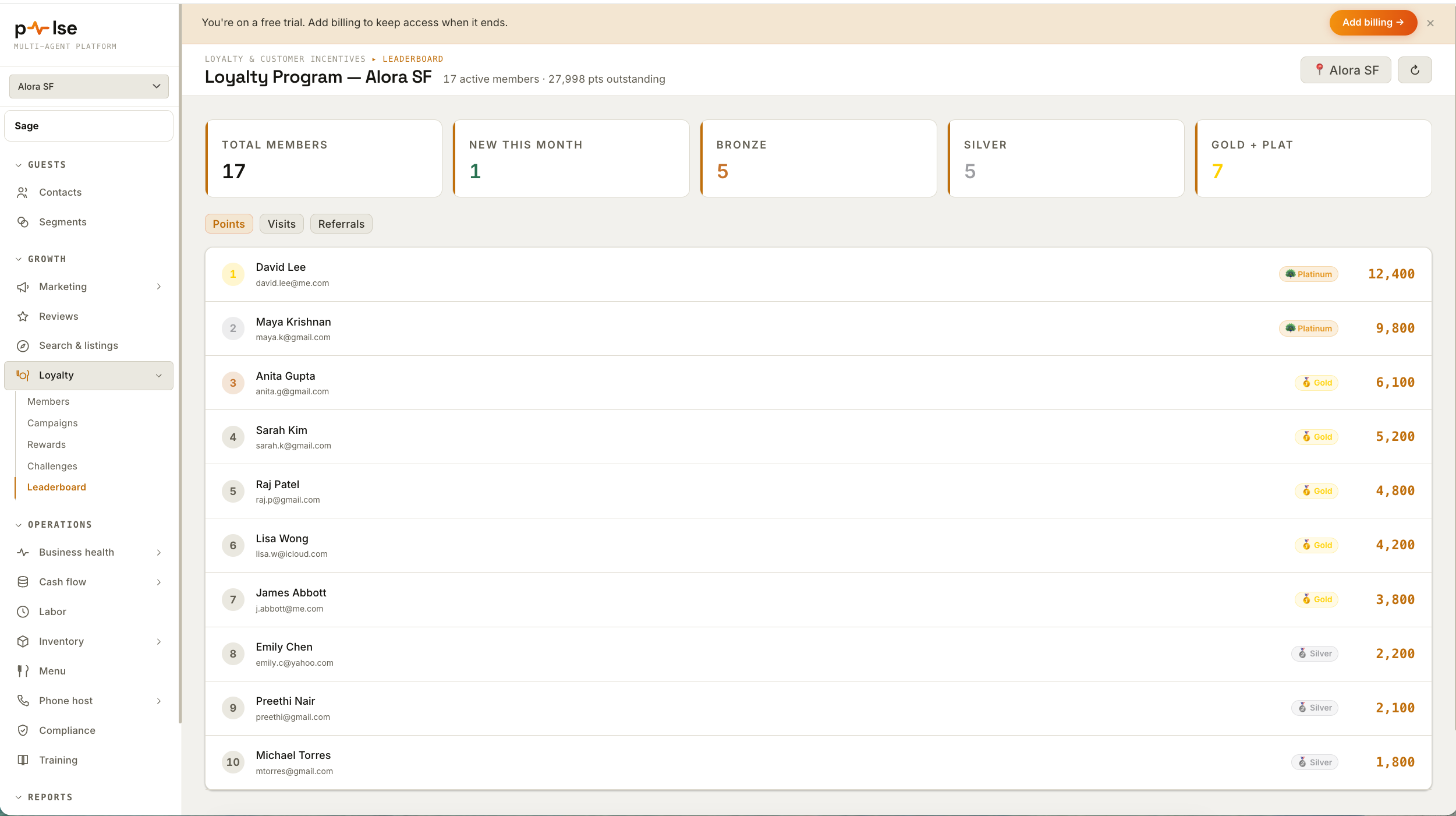 Loyalty leaderboard showing tiers, points and lifetime value